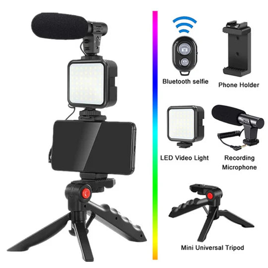 KIT PARA VIDEO 5 EN 1  SOPORTE, TRIPODE, LED, CONTROL Y MICROFONO