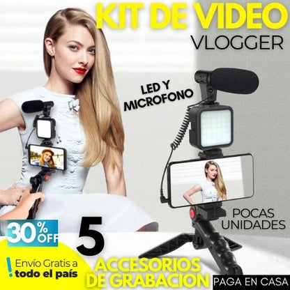 KIT PARA VIDEO 5 EN 1  SOPORTE, TRIPODE, LED, CONTROL Y MICROFONO